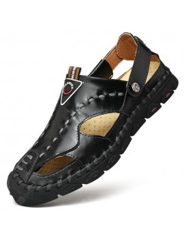 Summer Men Leather Round Toe Dual-use Sandals Outdoor Hollow Beach Shoes Large Size