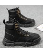 Boots - British Style Retro High-top Men Boots Solid Color Round Toe PU Shoes