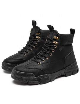 British Style Retro High-top Men Boots Solid Color Round Toe PU Shoes