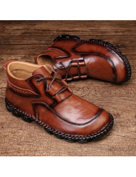 Men's Leather Boots Large Size Fashion Trend Personality Hand-sewn Middle Cut Tooling Boots