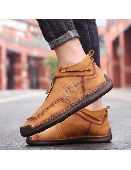 Men's Winter Casual Shoes Handmade Men's Boots High-top Zipper Flat-bottomed Ethnic Style Stitching