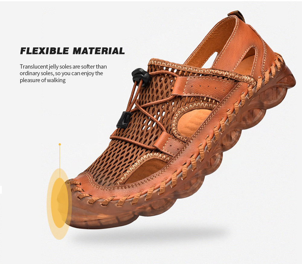 Men Sandals Summer Outdoor Breathable Mesh Hole Sports Casual Leather Shoes - Brown EU 41