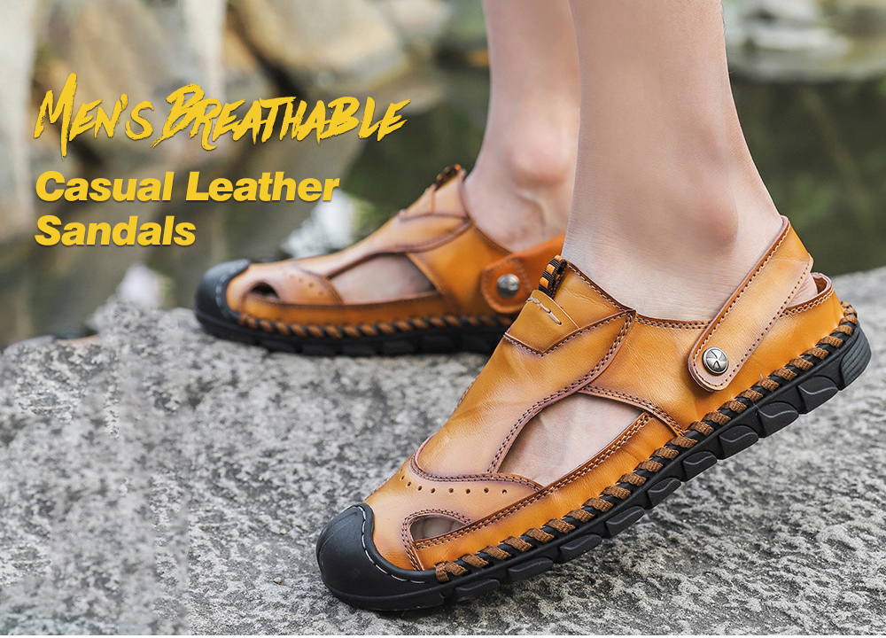 Slipper Male Summer Men's Sandals Breathable Casual Leather Sandals Dual-use Summer Camp Sandal Shoes - Red-brown 38