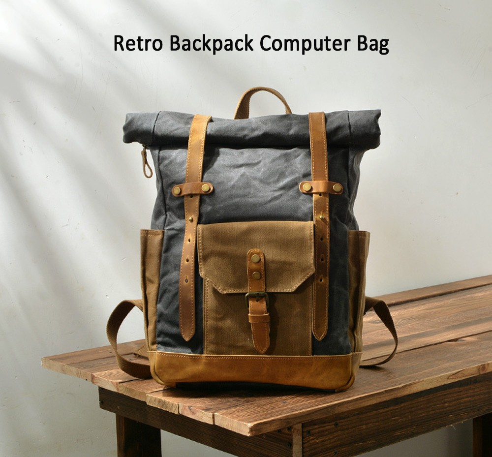 Retro Oil Wax Waterproof Canvas Backpack Computer Bag Large Capacity Outdoor Shoulder Bag - Coffee